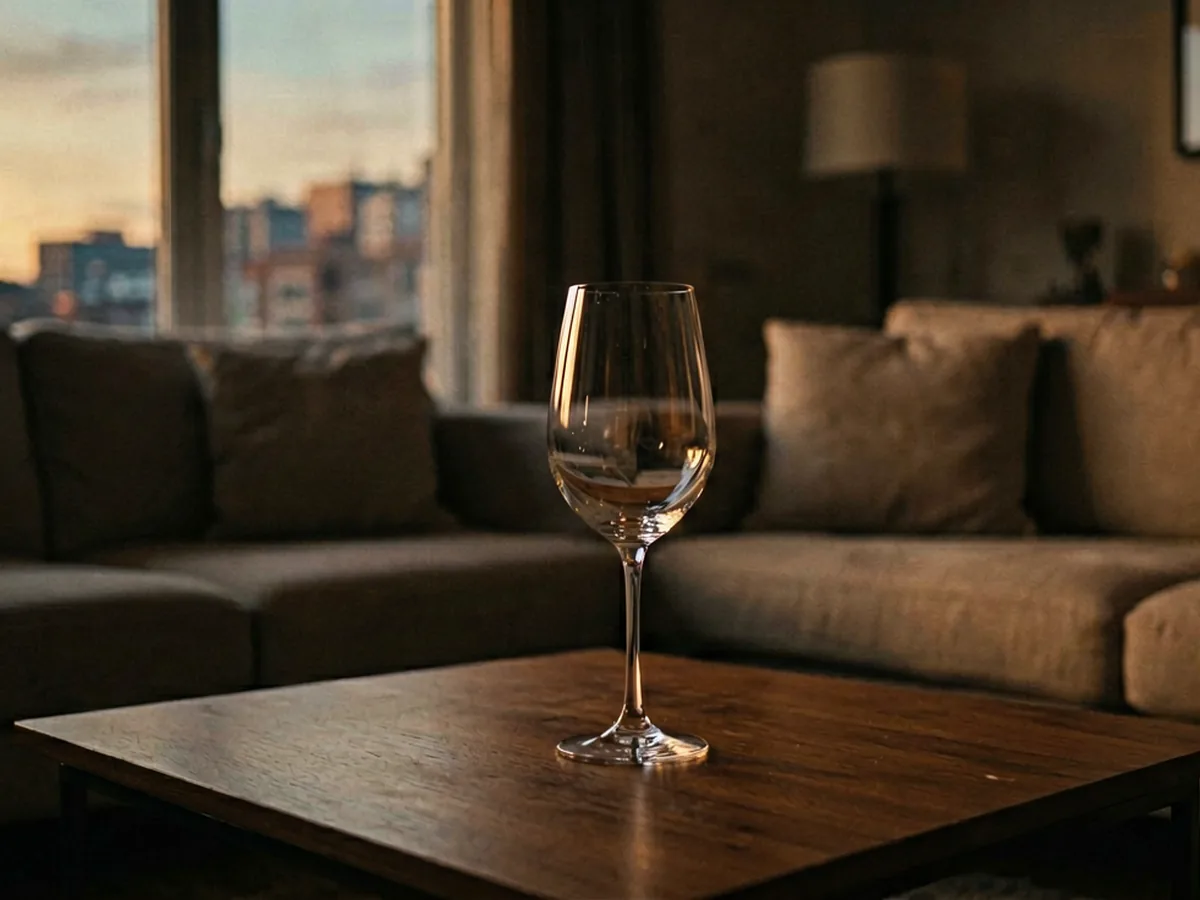 黄昏城市公寓客厅，暖色侧光与低桌酒杯，室内剧情氛围